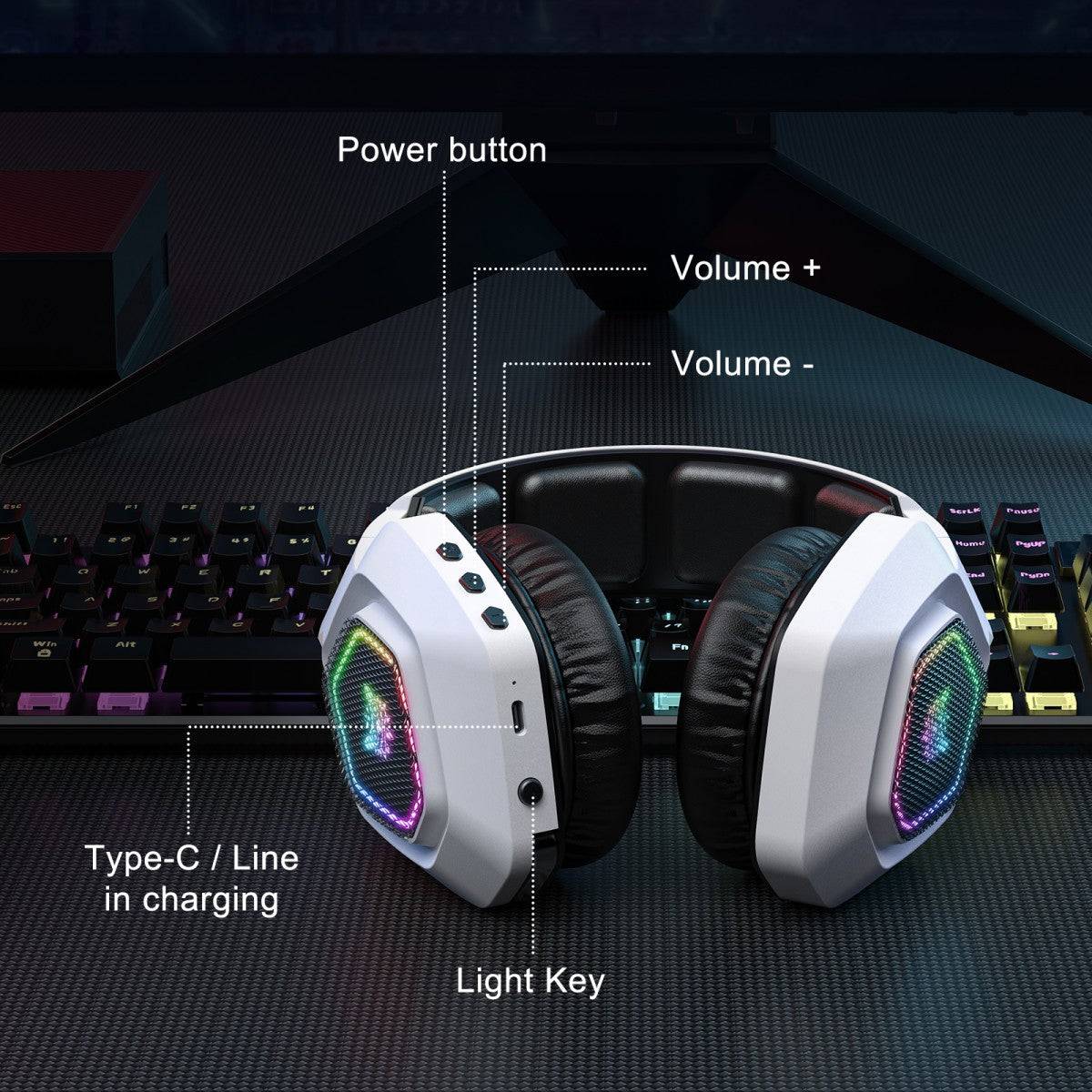 ONIKUMA B100 gaming headset showcasing control buttons including power, volume, light key, and Type-C charging port.